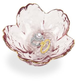 Dmnnlp Glass Trinket Dish, Unique Gift For Women, Cute Birthday New Home Gift For Her, Floral Jewellery Tray Decorating Room Bedroom Rings Earrings Necklace Storage (Pink)