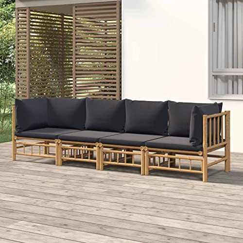 KATERYY 4-TLG. Garten-Lounge-Set mit Dunkelgrauen Kissen Bambus,Elegante BambusGartenLounge: Entspannen Sie bei Kaffee oder Tee im Freien