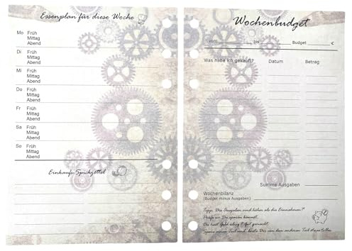 A6 Wochenbudget Ringbuch Einlagen Einleger von Fae, beige Steampunk Zahnrad, Essenplan, Planer, Organizer, Finanzen, Geld, Kostegeld einteilen, 20 Blatt für 20 Wochen, deutsch