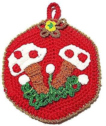 Presina di Natale ad uncinetto rossa e oro con funghetti 14 cm (58NT) - Made in Italy