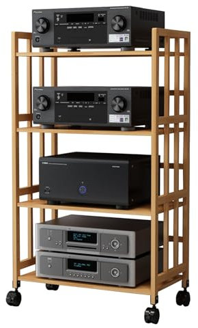 4-stufiger AV-Medienständer, CD-Rack, Stereo-Audio-Rack-Ständer mit höhenverstellbarem Holzregal, Medienschrank, Entertainment-Stereokomponenten-Organizer für Zuhause, Büro und Kino (natürli