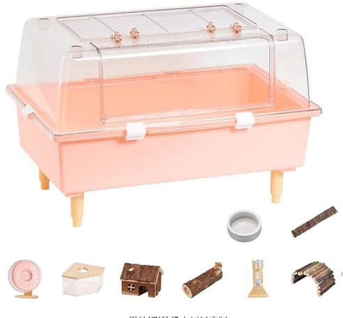 RTTZBOZ Mäusekäfig für Hausmäuse, Cage Hamster mit Wasserflasche, Laufrad, Futternapf und Hamsterversteck, Meerschweinchenkäfig, Großer Hamsterkäfig, Lebensraum für Rennmäuse, Mäuse(Pink)