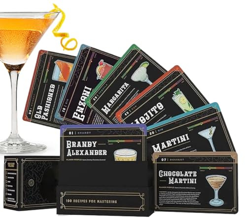 BommFu Tarjetas de Recetas de Cócteles | 100 Fichas para Bebidas Mixtas | Receta del Libro de Cócteles de Cóctel | Tarjetas de Recetas de Cóctel de Bartender - Guía de Mixología Con Lista de
