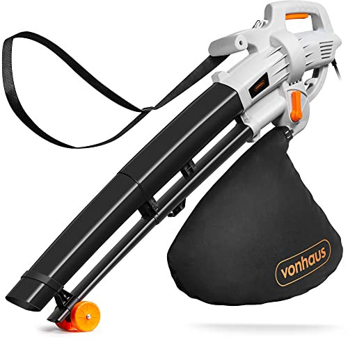 VonHaus Soffiatore e Aspirafoglie da Giardino da 3000 W – Soffiatore Foglie per Giardini, Grondaie, Vialetti – Leggero, con Tracolla, Ruote, Sacca Raccolta da 35 Litri