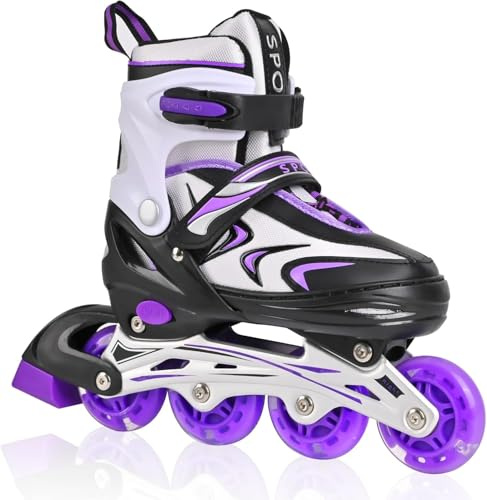 DUZSKJ Einstellbare Kinder Inline-Skates für Jungen Mädchen Kind, Kinder Roller Inline-Skates für Mädchen Jungen Jugend kleine Kinder Indoor Outdoor Spielen (Schwarz Violett, L)