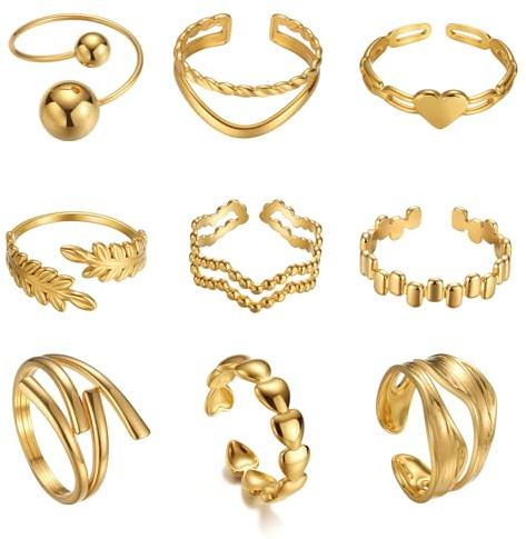 TIZU 9 Stück Damen Gold Ringe Set Edelstahl 18K Echte Goldplattierung Verstellbare Wasserfest Rings für Frauen Mädchen