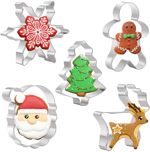 5 Pieces Christmas Cookie Cutter Set - Gingerbread Man, Christmas Tree, Snowflake, Santa Head and Reindeer - Stainless Steel Xmas Cookie Cutters Shape for Baking