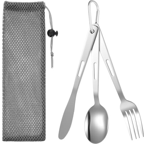 DOPENSPI 3 Stück Edelstahl Reisebesteck mit Karabiner und tasche, Löffel Gabel Messer Kombi und tasche Campingbesteck Tragbare Camping Besteckset für Outdoor Reise Arbeit Schule Spülmaschinenfest
