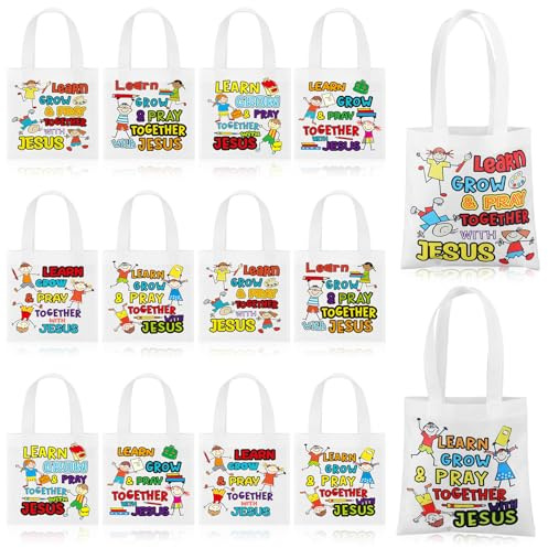 Cosblank 36 Pcs Religious Tote Bags Bulk for Kids Christian Learn Grow Pray Together with Jesus Gift Tote Christian Canvas Bags for Sunday School Church Classroom Prizes Party Favors Supplies Gift