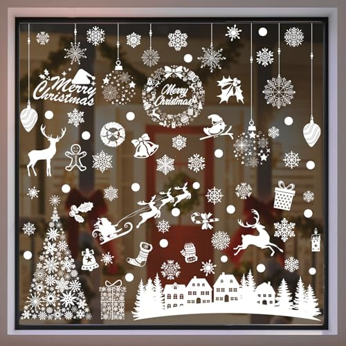 84 Stickers Noel Fenetre Electrostatique, 9 Feuilles Blanche Boule et village de Noël Réutilisable Decoration Autocollant Noel Fenetre pour Porte Vitrine Verre