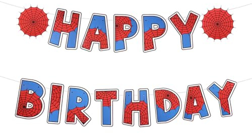 Spider Theme Birthday Banner, Pre-Strung Cartoon Spider Web Party Decor Hanging Happy Birthday Garland for Boys Kids Party Supplies