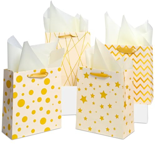 Geschenktüten mit Seidenpapier 4 Stück 23x18x10 cm - Mit Tragegriff für Geschenke an Frau, Mann & Kind - Für Geburtstag, Hochzeit, Baby-Shower, Weihnachten & Party
