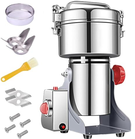 Feiphla Mulino Elettrico per Cereali,1800w Macina Spezie Commerciale Alta velocità, Macchina Polverizzazione in Acciaio Inox, per Cereali Secchi, Spezie, caffè, Mais, Pepe, 430-2500g