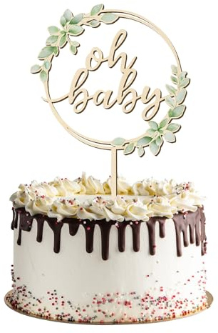 VelvetGlow Hölzerne Oh Baby Cake Topper für Baby Shower Grün Blätter Woodland Safari Dschungel Neutral Baby Shower Cake Topper