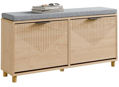 SoBuy skobänk med sittplats för stora skor EU 47 - skoskåp med bänk smal - hall, små lägenheter, trälook 100x24x50 cm, FSR211-N