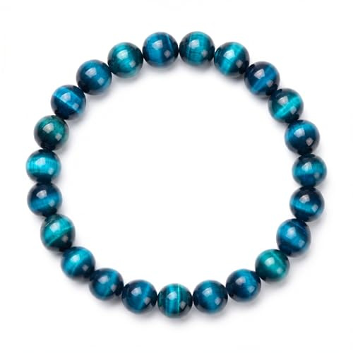 8mm Natural Stone Beads Bracelet, Blue Gemstone Bead Bracelet with Tiger Eye Crystal Smooth Finish Comfortable Fit Long Lasting Use, Round Bead Bracelets for Womens Men Casual Wear Yoga Meditation