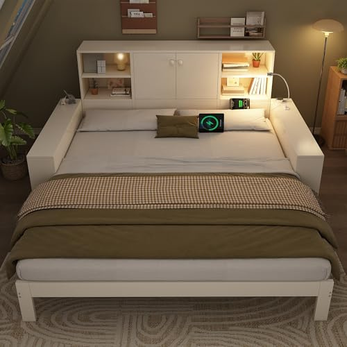 Zenith Living Stauraumbett, Tagesbett mit Ausziehbett 90-180x200, Holzbett mit Stauraum, Doppeltüren & USB/USB-C, platzsparendes Funktionsbett Jugendbett Gästebett (90x200 cm)
