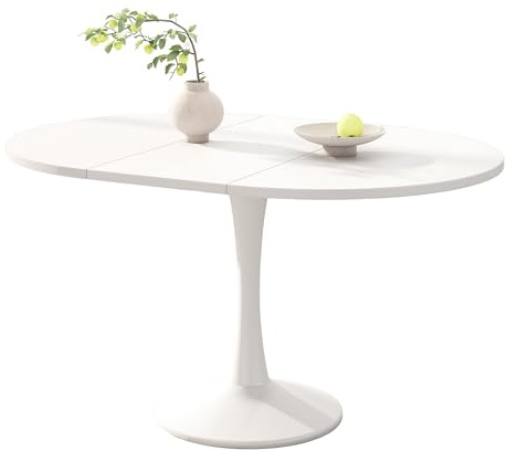 PLLBIKK 1 pezzo Tavolo da pranzo allungabile rotondo salvaspazio, con superficie in materiale legnoso facile da pulire e base a colonna stabile, 100/140 x 100 x 75 cm, per un massimo di 8 persone