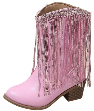 Bottes western pour filles - Bottines de cowboy à pompons - Talon épais - Automne et hiver - Chaussures d'extérieur décontractées pour les vacances, les excursions dans le jardin et le week-end, Rouge