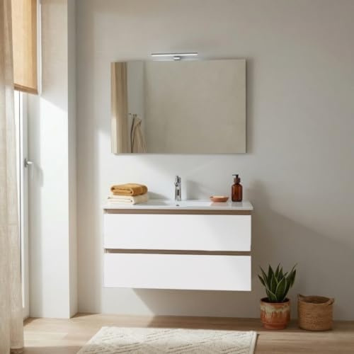 Kiamami Valentina Mobile Bagno Sospeso 90 Cm Budapest Rovere Well Bianco | Composizione con 2 cassetti, lavabo ceramica, specchio 90x60 cm, lampada LED, struttura legno nobilitato