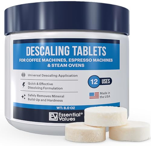 Essential Values Descaler for Coffee Machines - Espresso Coffee Machine Descaler - Descaling Tablets (12PK / Up To 12 Uses) - Compatible With Delonghi, Nespresso, Tassimo, Dolce Gusto