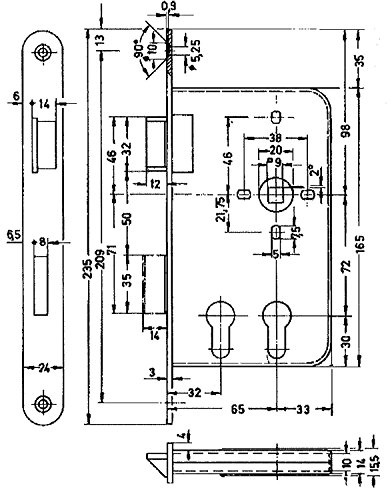 Einstemmschloss BMH 1015 PZW/2 PZ Funktion, rechts, DM 60/100, Edelstahl
