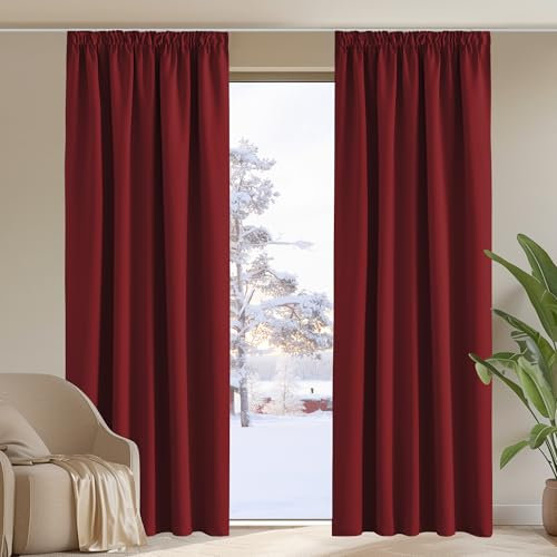 PONY DANCE Tende Oscuranti per Interni 2 Pezzi Tenda Natalizie Decorazione con Fettuccia Termica Isolante Freddo Curtains Camera da Letto Moderne 140x245 CM, Rosso