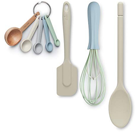 Zeal JSET41C Non-Stick Silicone Spatula, Whisk, Traditional Spoon & Measuring Spoons 4-Piece Baking Set-Cream