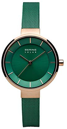BERING Solar 14631-Charity Orologio da polso da donna, cassa in acciaio inossidabile color oro rosa da 31 mm e quadrante verde, cinturino in maglia milanese, vetro zaffiro, 5 ATM