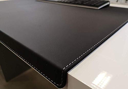 Gewinkelte Schreibtischunterlage mit Kantenschutz Echt Leder Schwarz mit grauer Naht 60 x 38cm Echt Nappaleder glatt. Ohne Mousepad