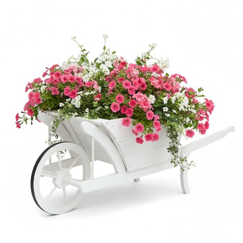 Melko Pflanzschubkarre Blumenkarre aus Holz 129 × 45 × 43 cm Schubkarre Pflankarre Weiß