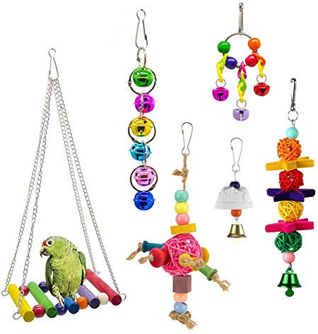 Ototon 6 Stück Vogelspielzeug aus Naturholz Kunststoff Spielzeug Schaukel mit Glocke Sittich, Zubehör zum Aufhängen, Dekoration für Papageien