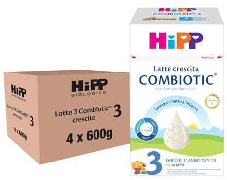 HiPP - Latte Crescita 3 HiPP Combiotic, Latte in Polvere Combiotic, Indicato per Bambini dal 1° Anno d'Età, per Neonati, 4 Confezioni da 600 gr
