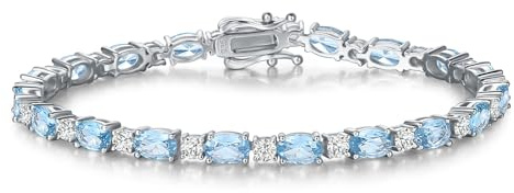 FANCIME Sterling Silver Created Aquamarine Tennis Bracelet March Birthstone Bracelet Oval CZ Dainty Charm Fine Jewelry for Women 7