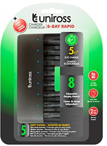 Uniross Chargeur Rapide pour Piles Rechargeables AA / HR6 - AAA / HR03 avec 8 canaux de Charge indépendants alimenté par câble USB