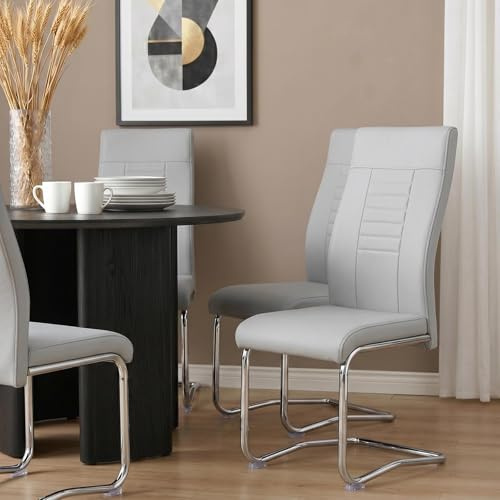 CARO-Möbel 4er Set Esszimmerstuhl Küchenstuhl Schwingstuhl Loano, Gestell in Chrom, Bezug aus Lederimitat in grau