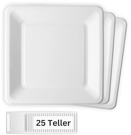 LINARIO® Einweg Grillteller - 25cm eckig - biologisch abbaubar aus Zuckerrohr - 25 Stück