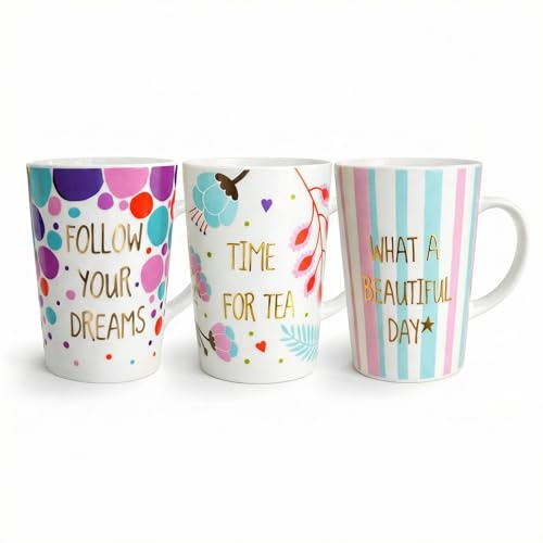 MIJOMA Porzellanbecher Set 3-teilig 420 ml – Henkeltassen mit Goldprint – Kaffeetassen und Teebecher in 3 Designs