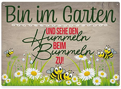 PR Print Royal Metallschild für den Garten - Bin im Garten - Geschenk für Gärtner, Hinweisschild, Gartenschild für draußen, Outdoorschild aus Aluminium | Wetterfest, 28x20 cm
