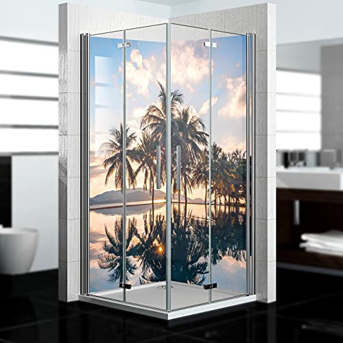 dedeco Eck-Duschrückwand wasserfest Motiv: Palmen V1, 2 x 80x200 cm, als Badrückwand zum Fliesenersatz, als Dekorwand, Wandverkleidung und Duschplatte aus Aluminium - Made in Germany