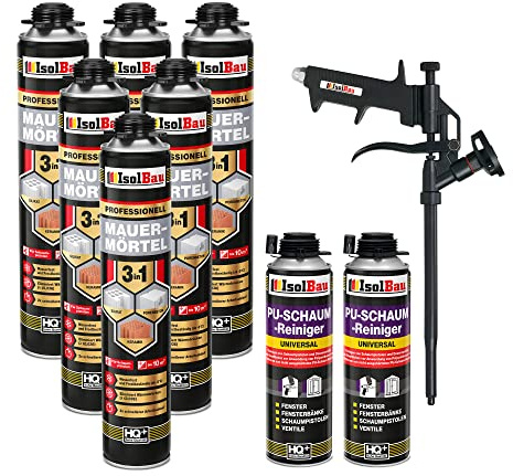 Isolbau Mauermörtel Set: 6x 750 ml PU-Mörtel 2x 500 ml Pistolenreiniger 1x Teflon Schaumpistole, PU-Reiniger, Montageschaum, Pistolenschaum