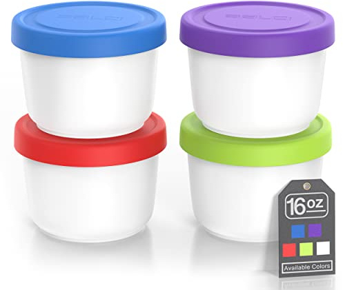 BALCI - 473 ml Eisbehälter mit Silikondeckel (4 Stück) – je 1 Pint Gefrierschrank Frischhaltedosen, wiederverwendbar, auslaufsicher, für hausgemachte Eiscremebehälter – blau, rot, grün, lila