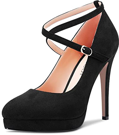 Aachcol Femmes Escarpins Plate-Forme Rond Bout Lanières Cheville Aiguille Haut High Talon Heel Dress Chaussures Sandales Mariage Suède Noir 12 CM 38 EU