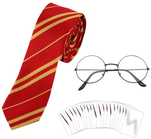 HOWAF Zauberer Kostüm mit Krawatte Zauberer Brille mit Runden Rahmen Keine Gläser Blitz Tattoos für Cosplay Halloween Kostüme, Fasching Karneval Kostüm Costumes Accessories, Set A