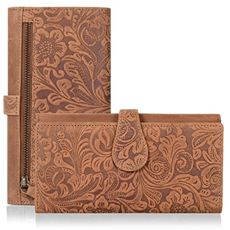Oak Leathers Leather Wallets | Tan | Flower Patterns | Chic Design | Gifts For Women | RFID Protection | Multiple Slots