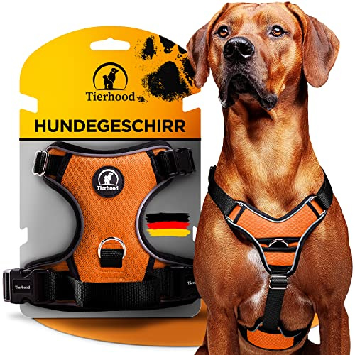 Tierhood Hundegeschirr - Anti Zug Hundegeschirr gepolstert - Orange | Reflektierendes Hundegeschirr für kleine bis große Hunde