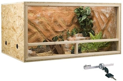 GECKOX OSB, terrario in legno, 120 x 60 x 60 cm, con ventilazione laterale, set di modanature: senza set di modanature, pacchetto di sicurezza