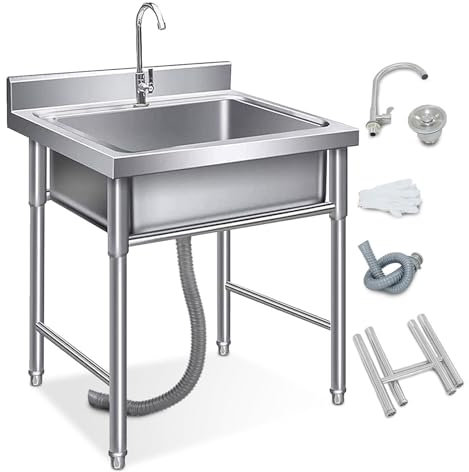 Stainless Steel Single Bowl Utility Sink Free Standing Commercial Restaurant Outdoor Sink with Tap for Garage Restaurant Kitchen Laundry Room Outdoor