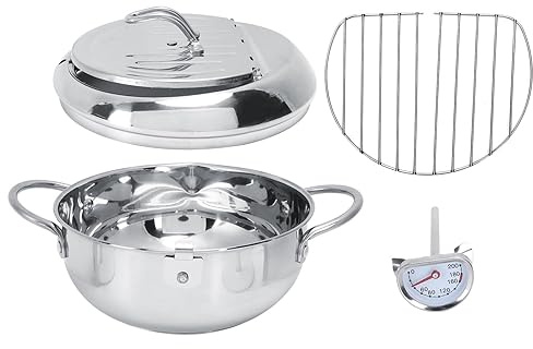 Olla para Freír Tempura Japonesa de 28 Cm, Olla para Freír de Acero Inoxidable con Termómetro, Rejilla para Filtro de Aceite para Cocinas de Inducción, Estufas de Gas