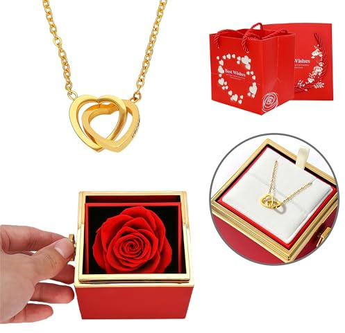 TINGKU Eternal Real Rose Gift Box for Women, Preserved Rose with Customized Engraved Name Heart Necklace, Personalized Forever Flowers for Her Wife Mom Girlfriend, Valentines Day Love Keepsake-Red | Eternal rose gift box with preserved rose and heart necklace, engraved name gift for wife mom girlfriend forever flowers